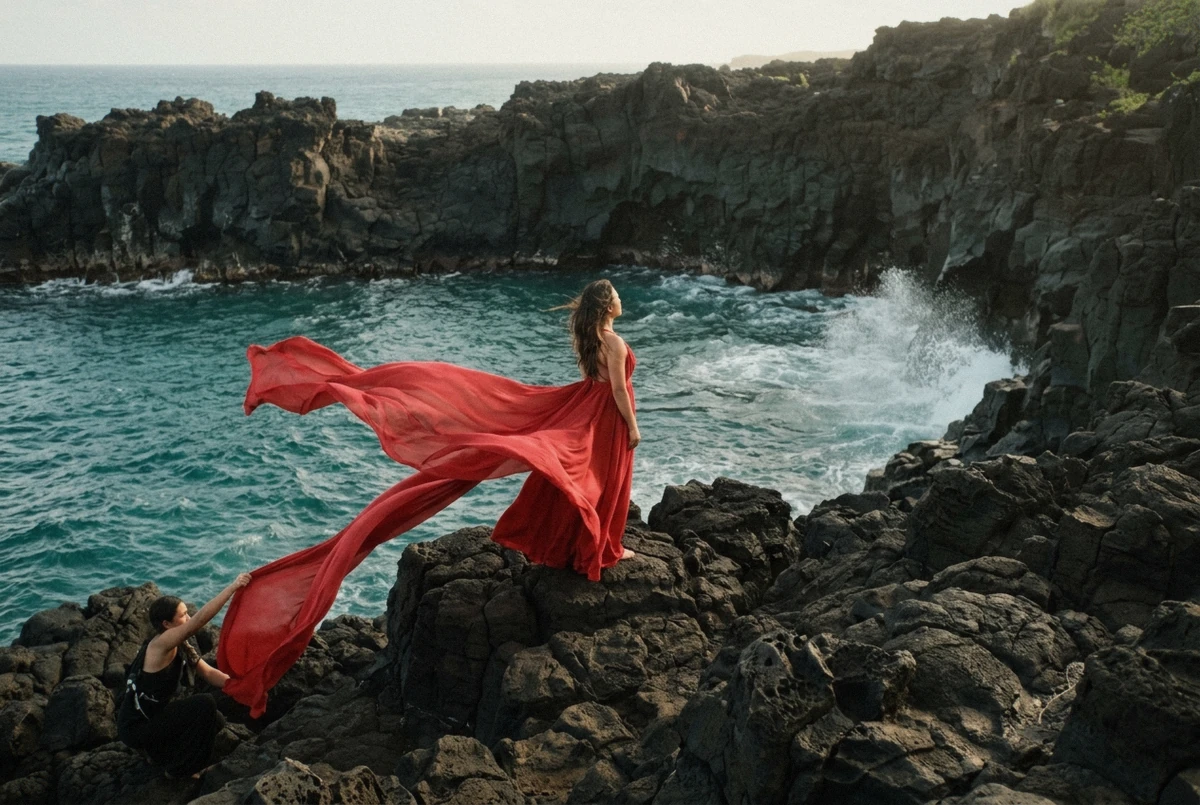 Woman in a long red flying dress lifted by the wind on black lava rock, a flying dress photoshoot in Hawaii