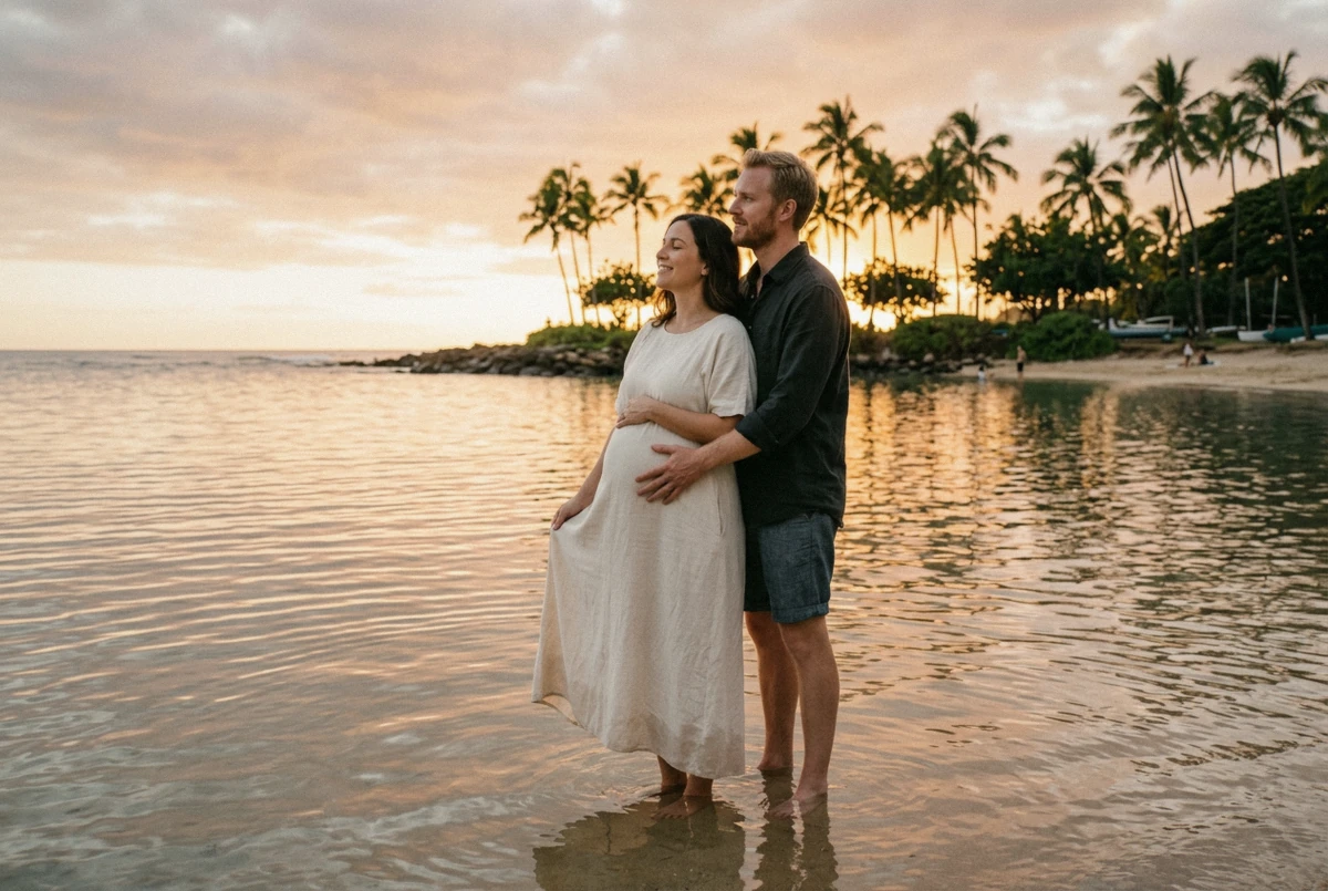 Pregnant woman in a long cream dress at sunset in a sheltered Hawaii lagoon, a maternity photoshoot in Hawaii