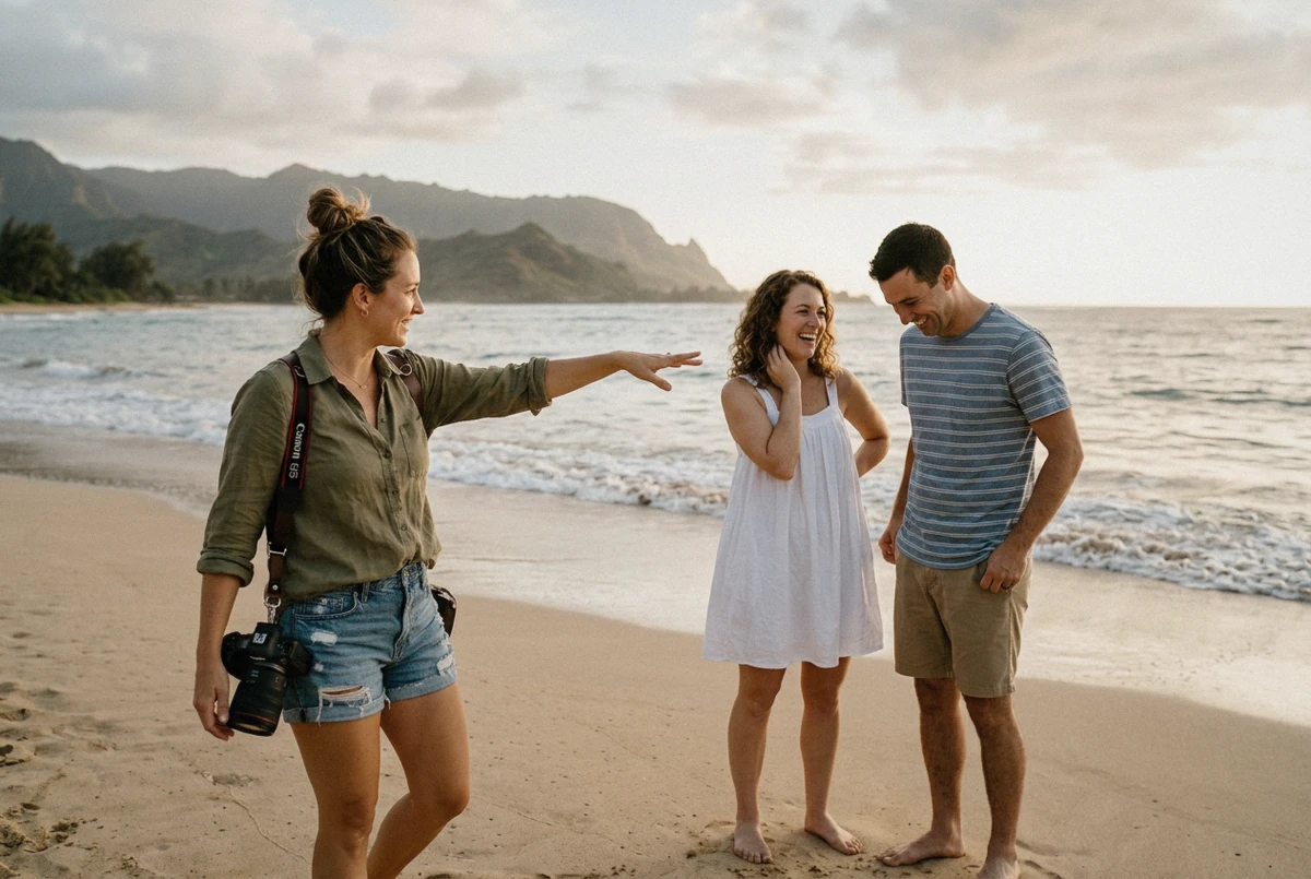 Photographer directing a slightly awkward couple on a Hawaii beach at golden hour, what to expect at a Hawaii photoshoot
