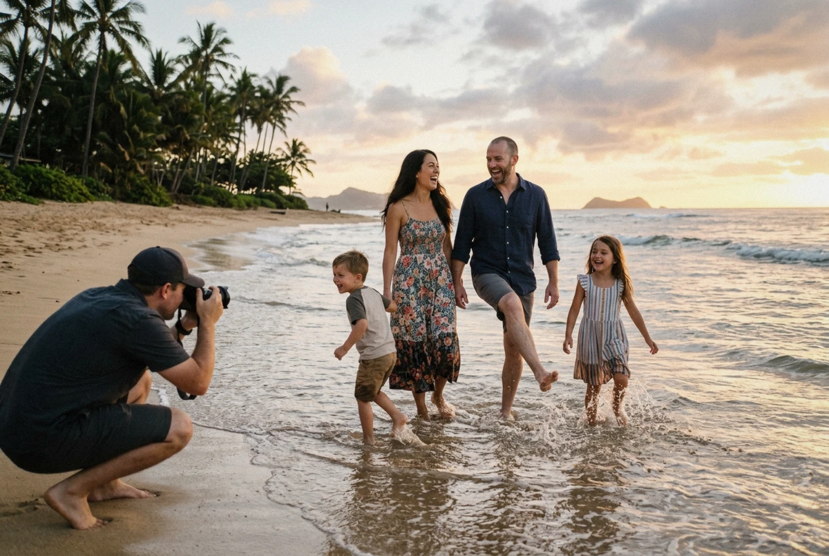 Family laughing in shallow water at sunrise while a photographer works, illustrating whether a Hawaii photoshoot is worth it