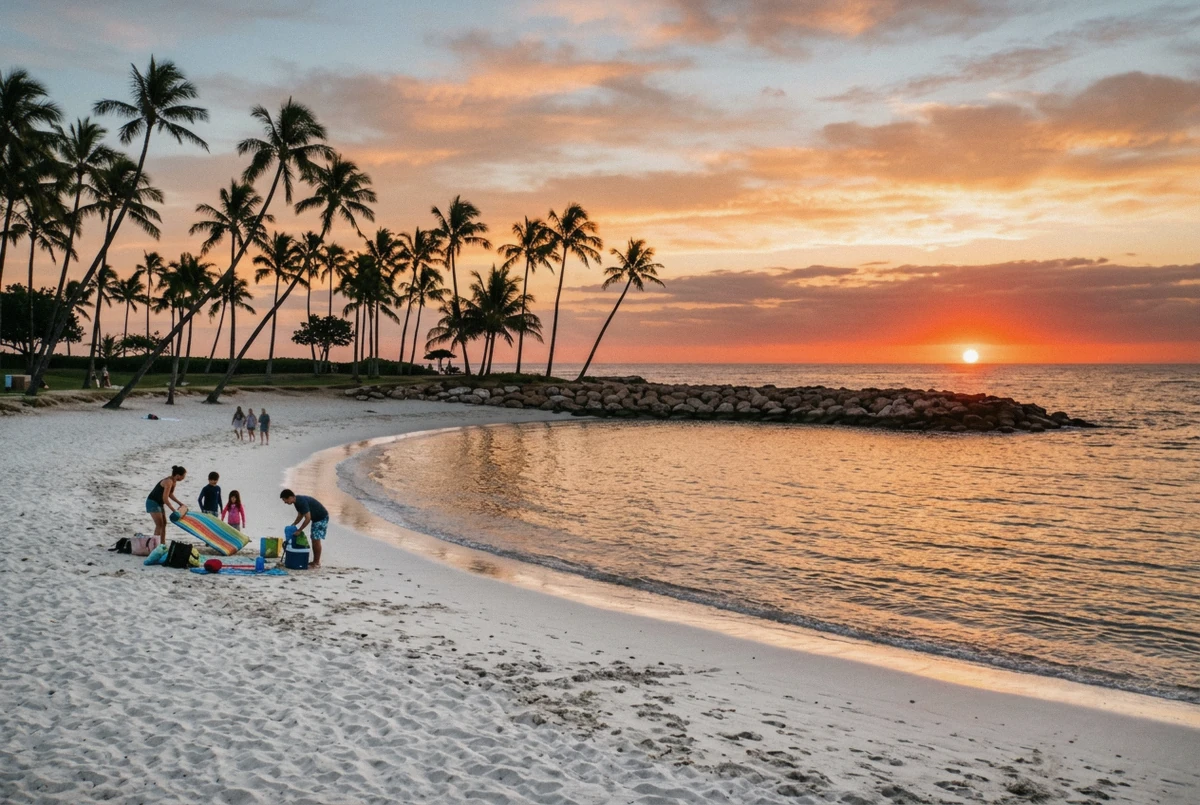 Sun setting over the Pacific behind a sheltered Ko Olina lagoon, the setting for a Hawaii sunset beach photoshoot on Oahu