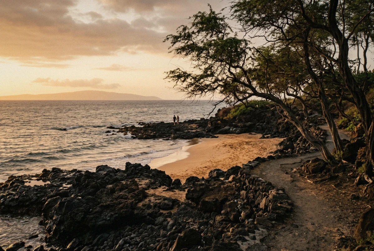 Black lava rock and golden sand on the Maui shoreline at sunset, a west-coast Maui photoshoot location in Hawaii