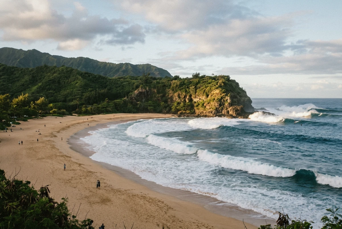 Wide golden beach and green cliffs on Oahu, the kind of coastal view photographed on an Oahu photo tour in Hawaii
